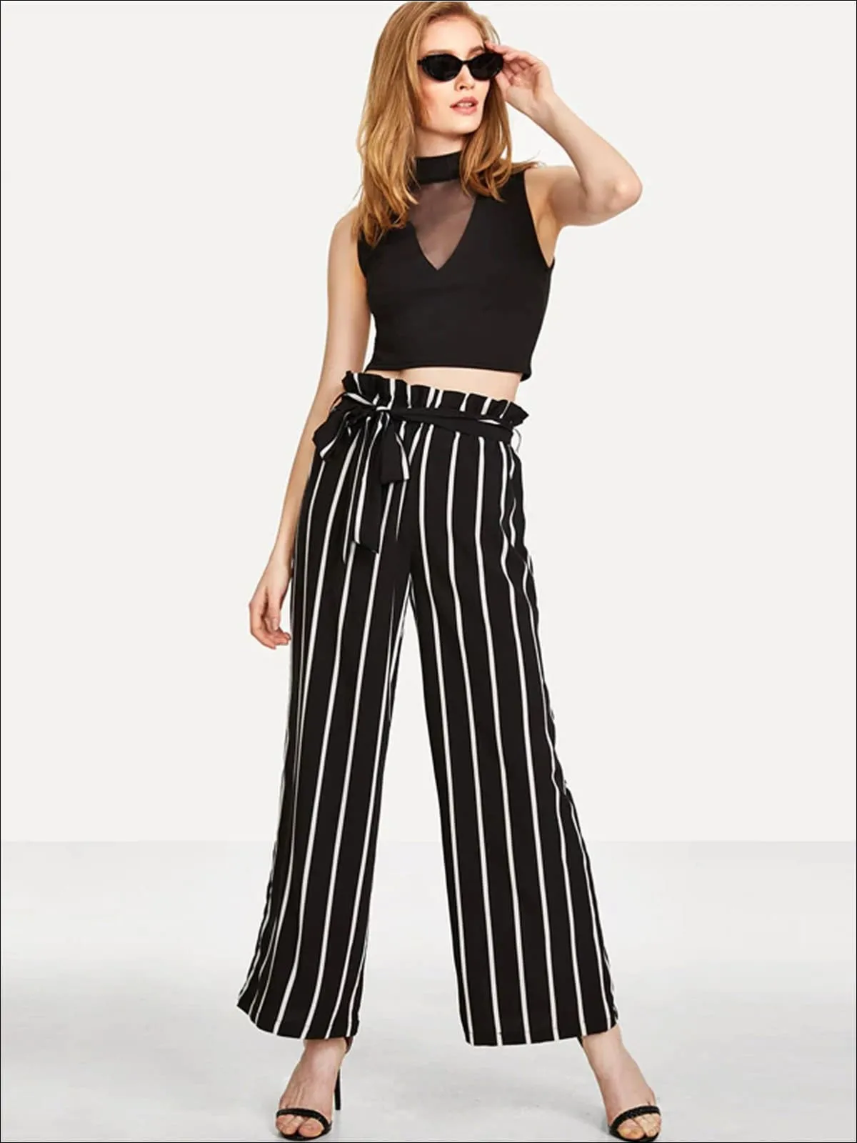 Women's Striped Ruffled High Waist Pants