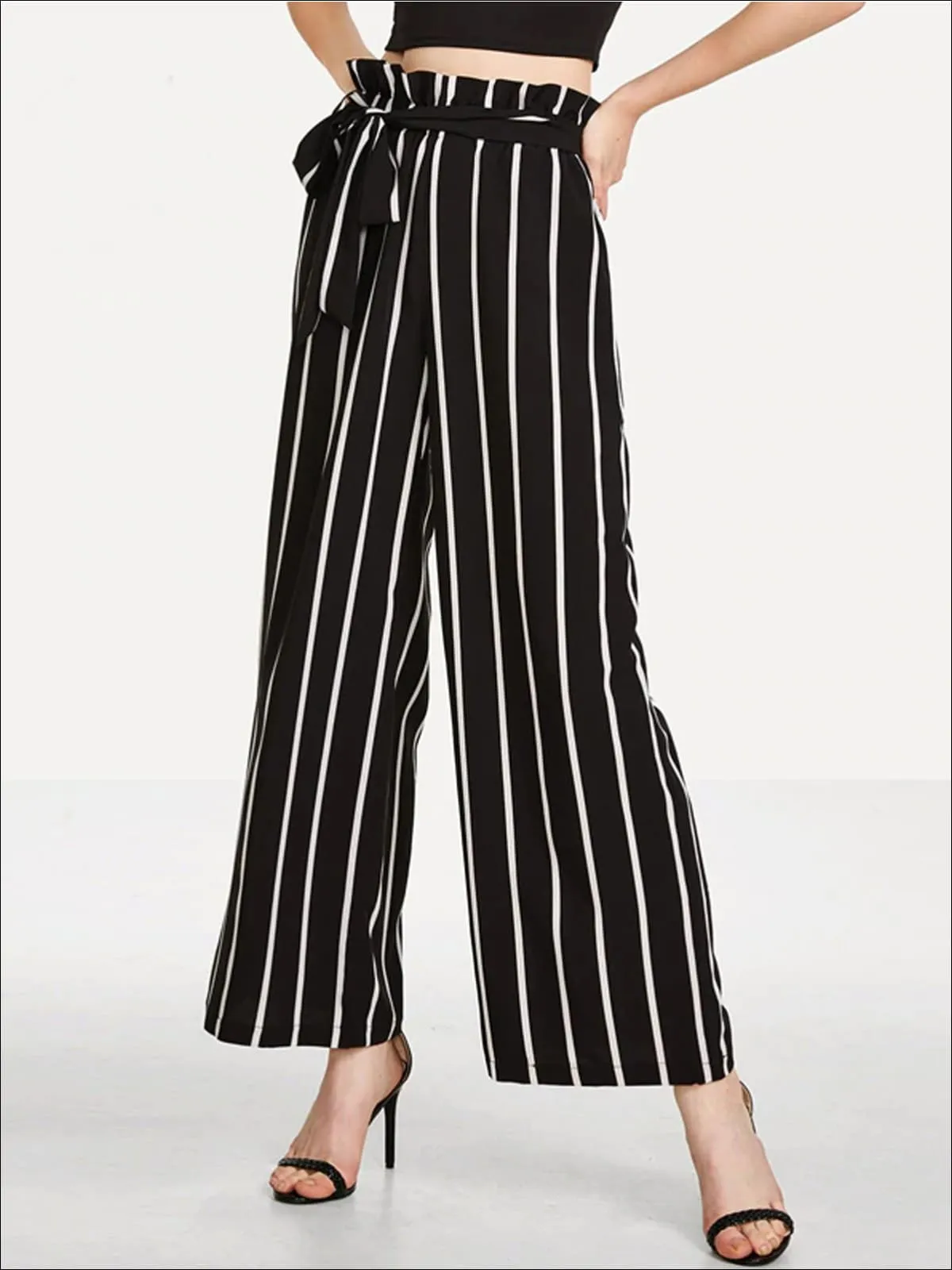 Women's Striped Ruffled High Waist Pants