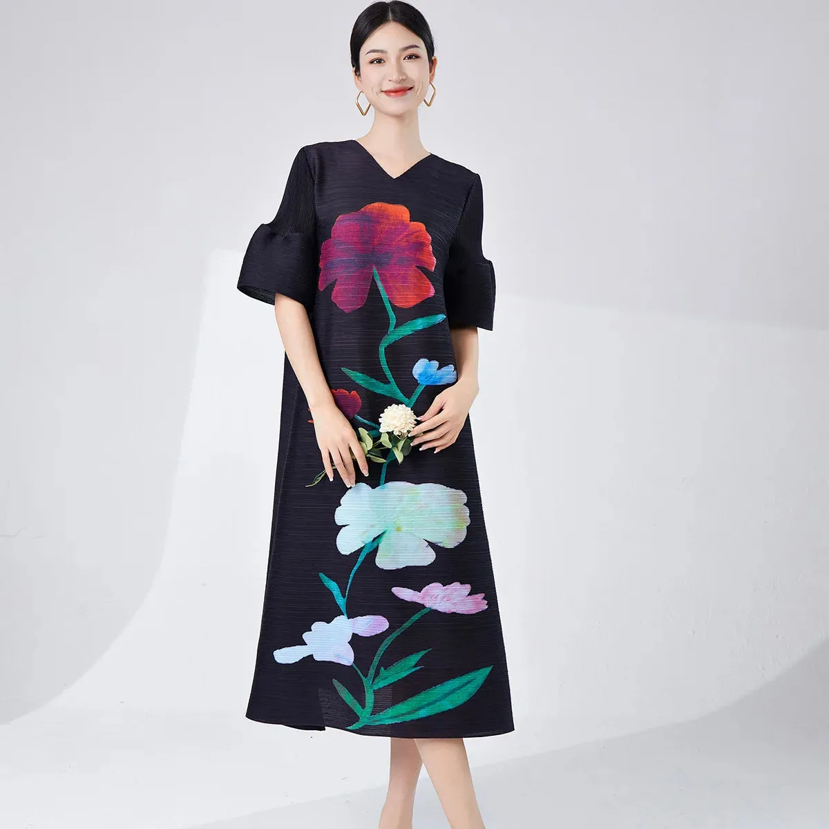 Women's Stylish Chic Floral Pleated Dress