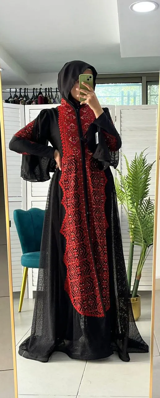 Wonderful Palestinian Black & Red Embroidered Abaya with Half Zipper Details