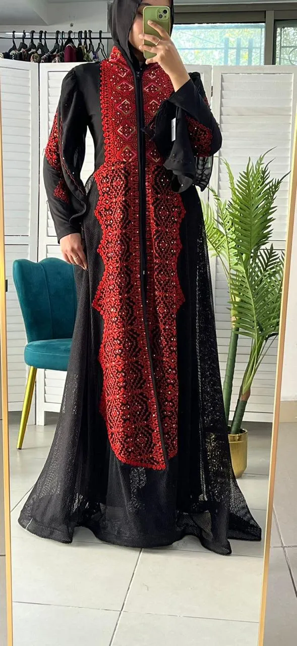 Wonderful Palestinian Black & Red Embroidered Abaya with Half Zipper Details